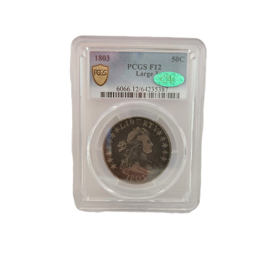 1803 PCGS F12 CAC DRAPED BUST HALF DOLLAR LARGE 3