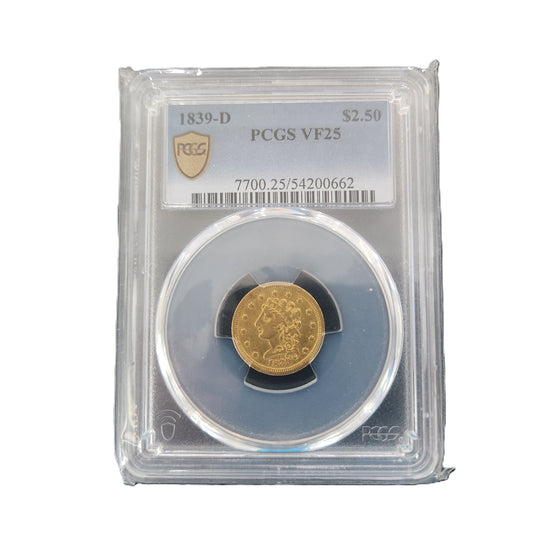 1839D PCGS VF25 $2.50 GOLD QUARTER EAGLE