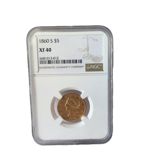 1860S NGC XF40 $5 GOLD LIBERTY