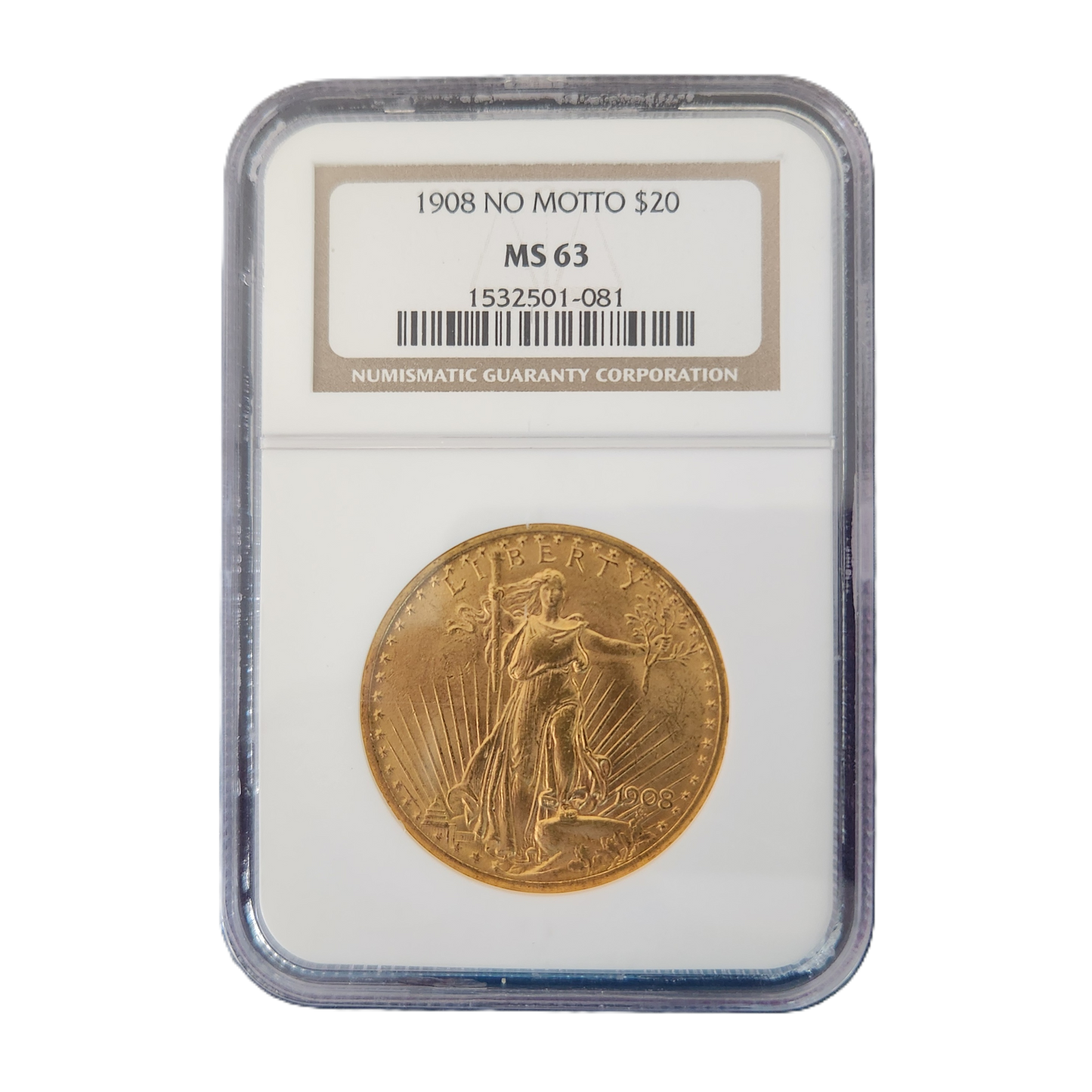1908 NGC MS63 St. GAUDENS $20 GOLD