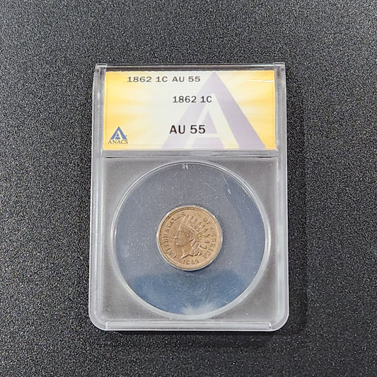 1862 ANACS AU55 Indian Head Penny Old Holder